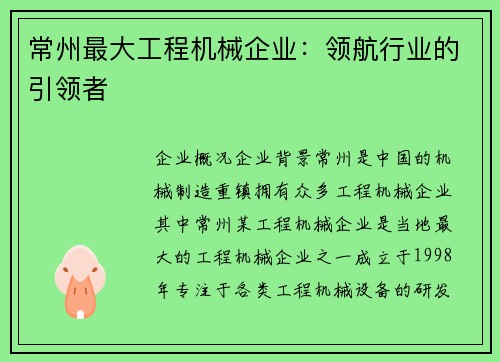 常州最大工程机械企业：领航行业的引领者